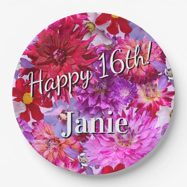 Pink Flowers 16th Birthday Paper Plates (Front)