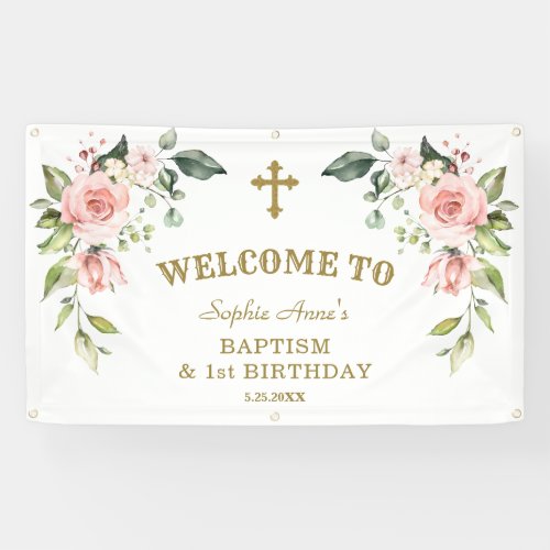 Pink Flowers 1st Birthday Baptism Welcome Sign