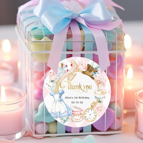 Pink flowers Alice Onederland thank you Classic Round Sticker