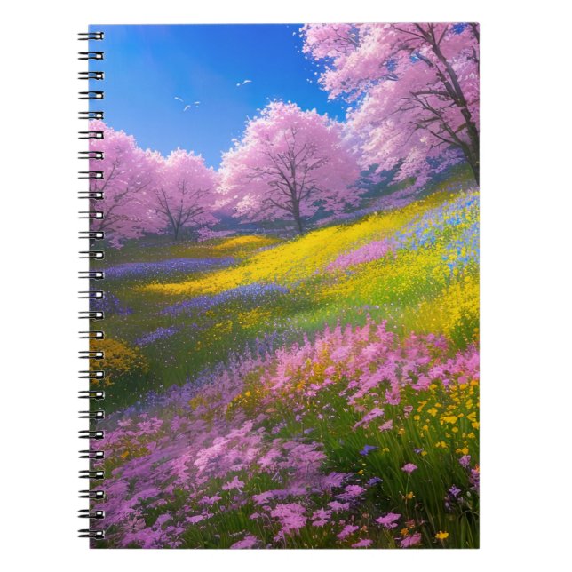  Pink Flowers amidst Serene Greenery Notebook (Front)