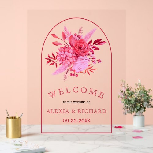 Pink flowers and arch floral welcome wedding acrylic sign