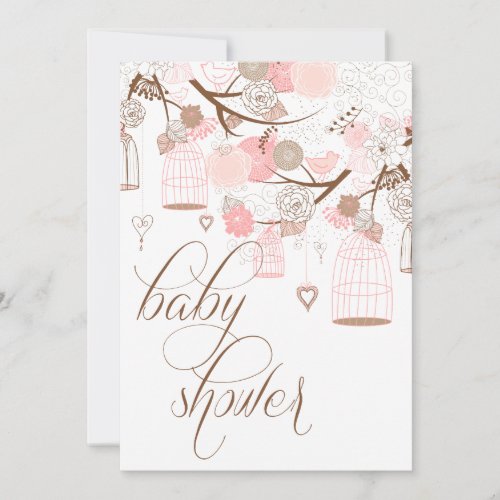 Pink Flowers and Birdcages Baby Shower Invitations
