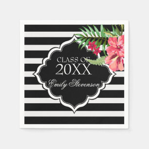 Pink Flowers And Black Stripes- Graduations Napkins