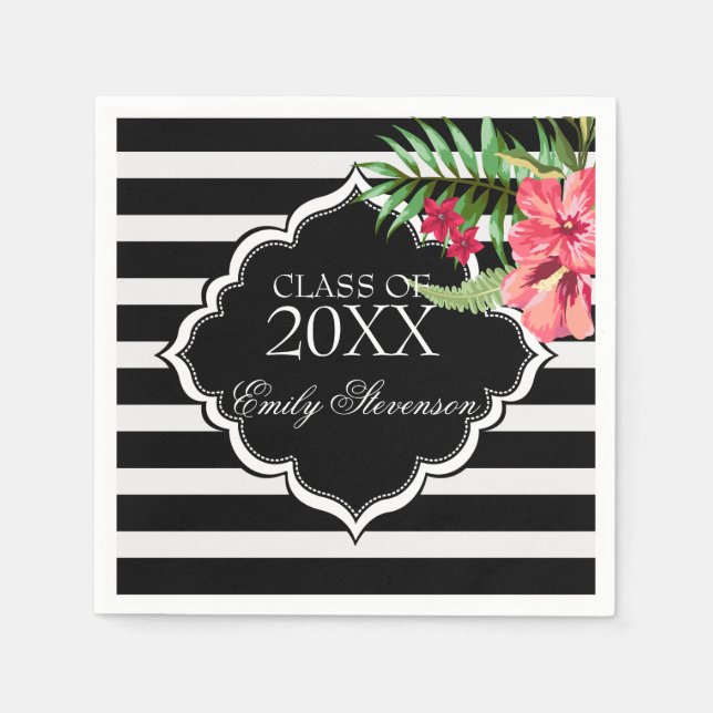 Pink Flowers And Black Stripes- Graduations Napkins (Front)