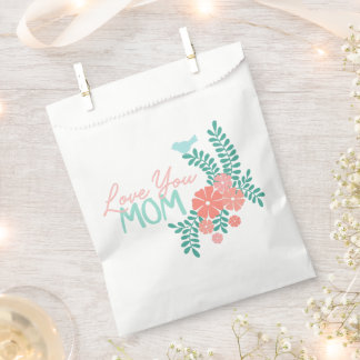 Pink flowers and blue birds love you mom text favor bag