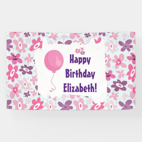 Pink Flowers and Blue Hearts Cute Birthday Banner