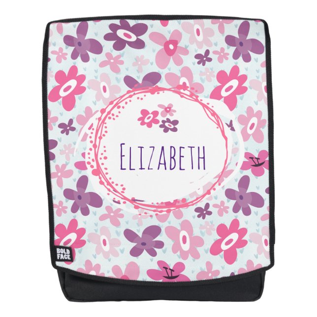 Pink Flowers and Blue Hearts Cute Personalized Backpack (Front)