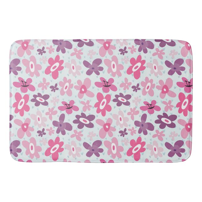 Pink Flowers and Blue Hearts Cute Whimsical Bathroom Mat (Front)