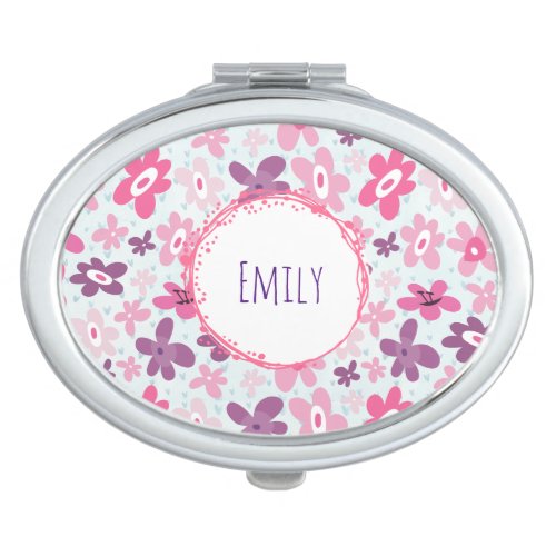 Pink Flowers and Blue Hearts Cute Whimsical Compact Mirror