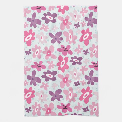 Pink Flowers and Blue Hearts Cute Whimsical Kitchen Towel