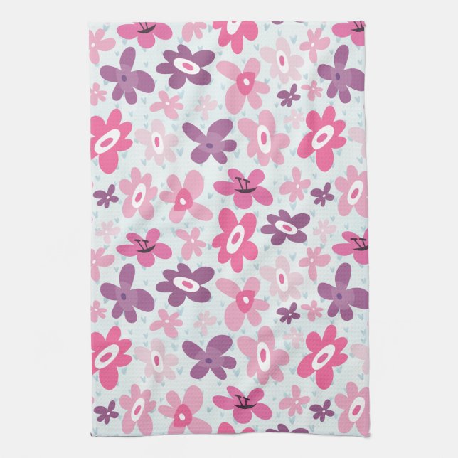 Pink Flowers and Blue Hearts Cute Whimsical Kitchen Towel (Vertical)