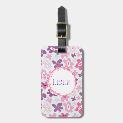 Pink Flowers and Blue Hearts Cute Whimsical Luggage Tag