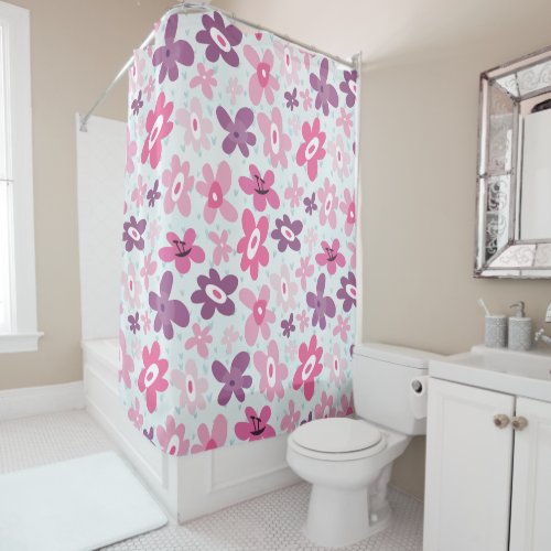 Pink Flowers and Blue Hearts Cute Whimsical Shower Curtain