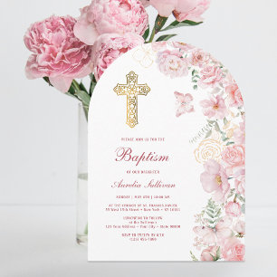 Pink Flowers and Butterflies Arch Baptism Invitation