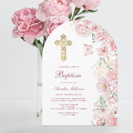 Pink Flowers and Butterflies Arch Baptism Invitation