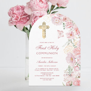 Pink Flowers and Butterflies Arch First Communion Invitation