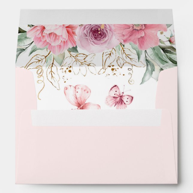 Pink Flowers and Butterflies Beautiful Elegant Envelope (Back (Bottom))