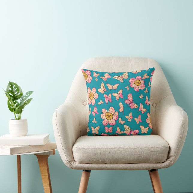 Pink Flowers and Butterflies Pattern Background Throw Pillow (Chair)