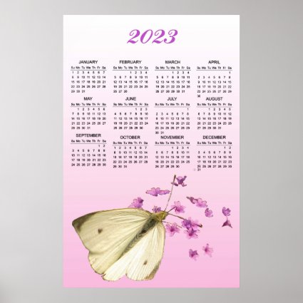 Pink Flowers and Butterfly  2023 Calendar Poster