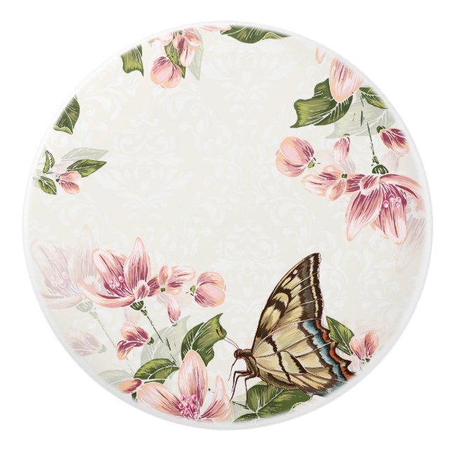 Pink Flowers and Butterfly Ceramic Knob (Front)