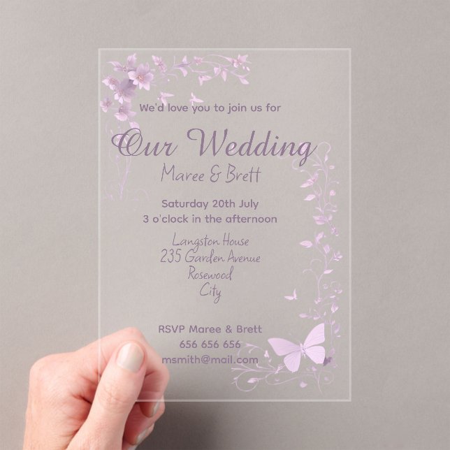 Pink FLowers and Butterfly Theme Wedding Acrylic Invitations (Insitu (Handheld))