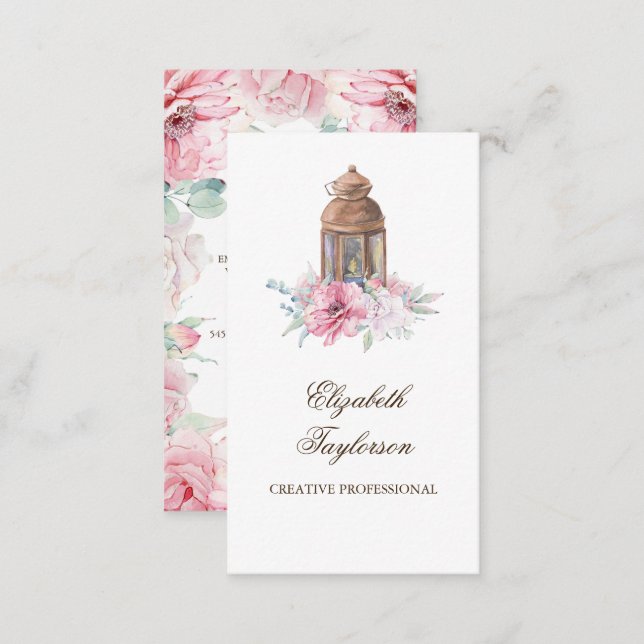Pink Flowers and Candle Lit Lantern Business Card (Front/Back)
