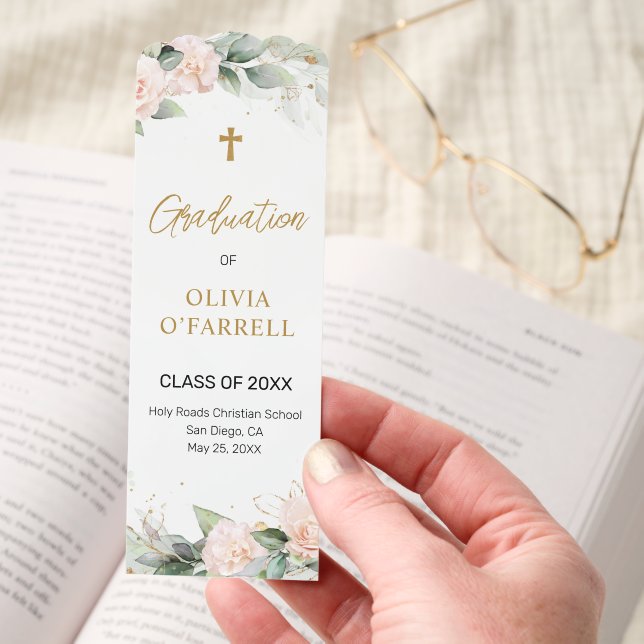 Pink Flowers and Cross Christian School Graduation Bookmarks (Hand)