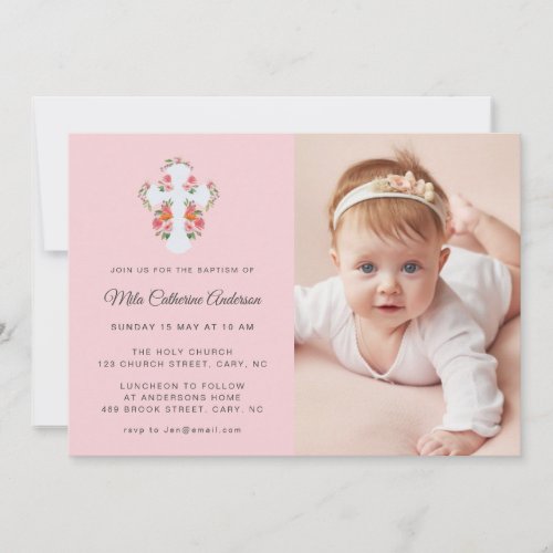 Pink Flowers and Cross Photo Baptism Invitation