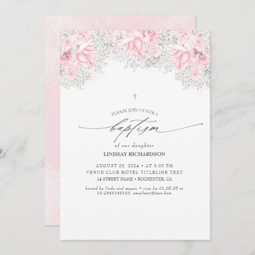 Pink Flowers and Cute Babys Breath Girls Baptism Invitation