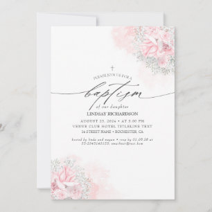 Pink Flowers and Cute Baby's Breath Girl's Baptism Invitation