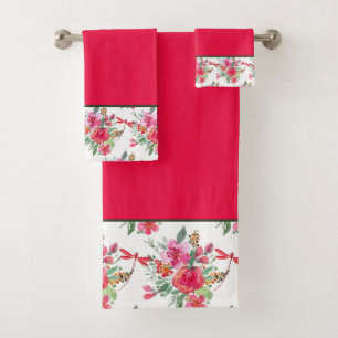 Pink flowers and dragonflies pattern  bath towel s