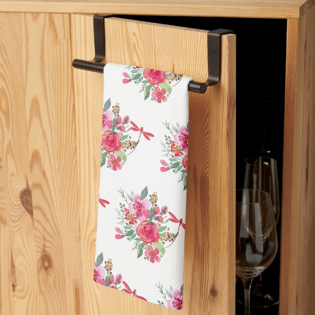 Pink flowers and dragonflies pattern  kitchen towel (Thirds Fold)