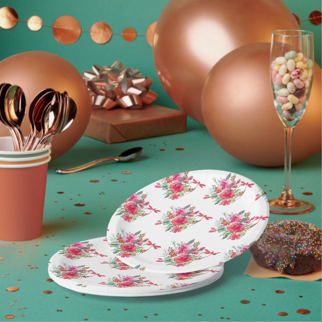 Pink flowers and dragonflies pattern  paper plates (Multi)