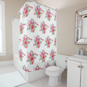 Pink flowers and dragonflies pattern shower curtain