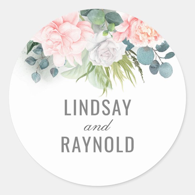 Pink Flowers and Eucalyptus Greenery Wedding Classic Round Sticker (Front)