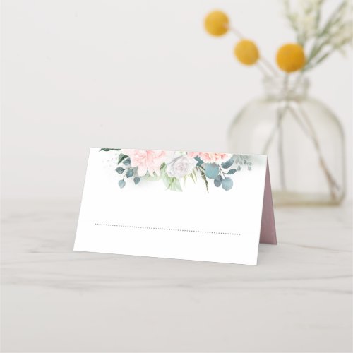 Pink Flowers and Eucalyptus Watercolor Greenery Place Card