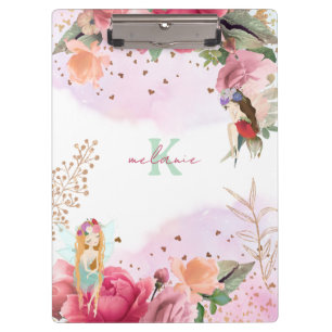 Pink Flowers And Fairies Girl Editable Clipboard