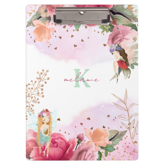 Pink Flowers And Fairies Girl Editable Clipboard (Front)