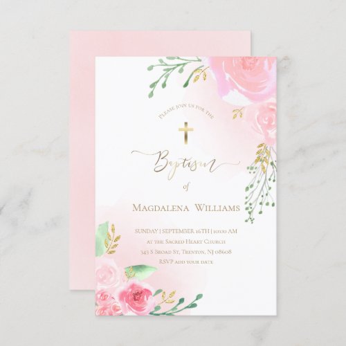 pink flowers and faux gold foil details  Baptism  Invitation