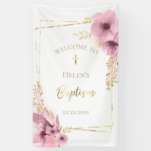 pink flowers and faux gold foil frame  Baptism Banner