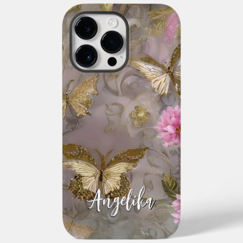 Pink Flowers and Gold Flowers Personalized Name Sh Case_Mate iPhone 14 Pro Max Case