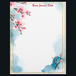 Pink Flowers and Gold Frame Letterhead<br><div class="desc">Pink cherry blossoms in the upper left and lower right corners of a golden frame,  on a blue and white watercolor background make this stationery perfect for your correspondence,  newsletters,  or invitations.  Lovely Asian-inspired theme.</div>