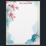 Pink Flowers and Gold Frame Letterhead<br><div class="desc">Pink cherry blossoms in the upper left and lower right corners of a golden frame,  on a blue and white watercolor background make this stationery perfect for your correspondence,  newsletters,  or invitations.  Lovely Asian-inspired theme.</div>