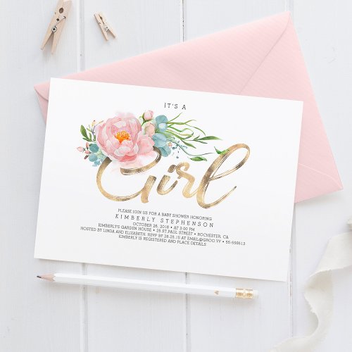 Pink Flowers and Gold Glitter Modern Baby Shower Invitation