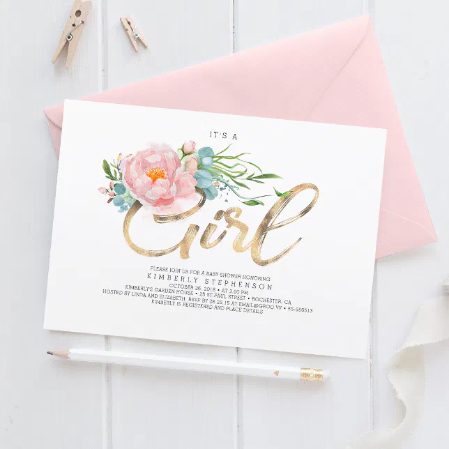 Pink Flowers and Gold Glitter Modern Baby Shower Invitation | Zazzle