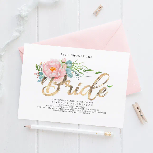 Pink Flowers and Gold Glitter Modern Bridal Shower Invitation | Zazzle