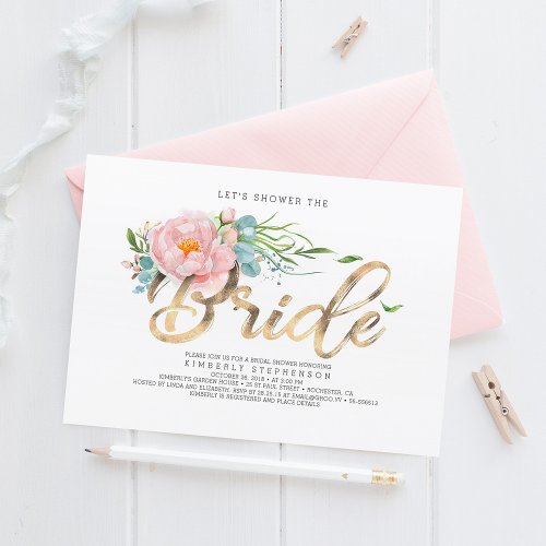 Pink Flowers and Gold Glitter Modern Bridal Shower Invitation