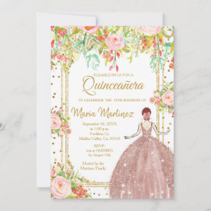 Pink Flowers and Gold Glitters Quinceanera Invitation