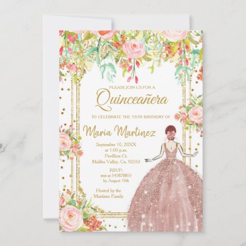 Pink Flowers and Gold Glitters Quinceanera  Invitation