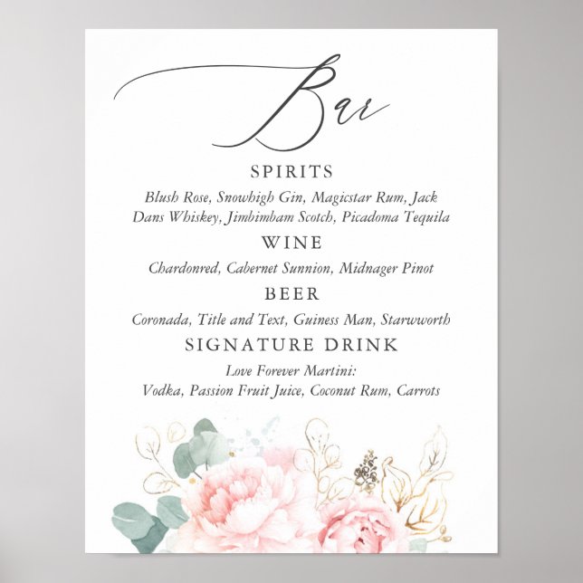 Pink Flowers and Gold Greenery Bar Menu Sign (Front)